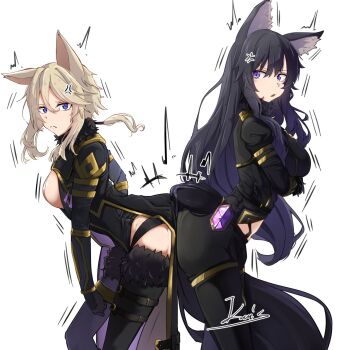 2girls anger_vein animal_ear_fluff animal_ears ass-to-ass black_bodysuit black_hair blonde_hair bodysuit breasts cat_ears cat_girl cat_tail closed_mouth commentary_request delta_(kagejitsu) facial_mark frown fur_trim gem gold_trim hair_between_eyes highres kage_no_jitsuryokusha_ni_naritakute! kamisu_yu large_breasts long_hair multiple_girls parted_lips purple_eyes purple_gem tail very_long_hair wolf_ears wolf_girl wolf_tail zeta_(kagejitsu)
