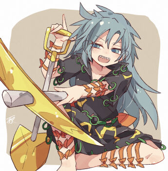 1girl :d barefoot black_shirt black_skirt blush bow brown_background collarbone commentary_request grey_eyes grey_hair highres himemushi_momoyo holding holding_pickaxe holding_shovel index_finger_raised knee_up long_hair minoru_minoru open_mouth orange_bow orange_ribbon pickaxe ribbon sharp_teeth shirt short_sleeves shovel sideways_glance signature sitting skirt smile solo teeth touhou