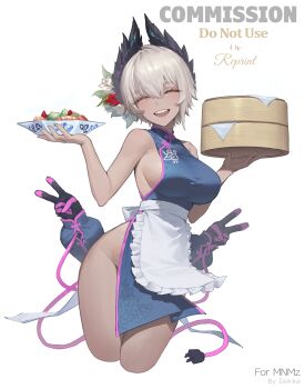 1girl alternate_costume apron arknights bamboo_steamer bird_girl black_feathers black_gloves blush breasts cable cable_tail china_dress chinese_clothes closed_eyes commentary commission dark-skinned_female dark_skin dekka double_v dress electric_plug electric_plug_tail extra_arms feathers flower food gloves grey_hair hair_flower hair_ornament head_wings highres holding holding_bamboo_steamer holding_plate large_breasts maid_apron mechanical_tail multicolored_gloves open_mouth pink_gloves plate raidian_(arknights) short_hair shrimp sideboob simple_background solo tail teeth two-tone_gloves upper_teeth_only v white_background wings