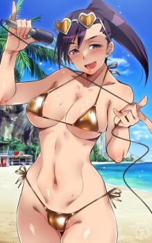 Rule 34 | 1girl, asymmetrical bangs, bare arms, bare shoulders, beach, bikini, blue sky, blush, body freckles, breasts, cable, commentary request, cowboy shot, day, em (totsuzen no hakike), eyewear on head, freckles, gold bikini, groin, heart, heart-shaped eyewear, hibiki ran, highres, holding, holding microphone, justice gakuen, large breasts, looking at viewer, medium hair, micro bikini, microphone, navel, open mouth, outdoors, palm tree, ponytail, psd available, purple eyes, purple hair, side-tie bikini bottom, sky, smile, solo, stomach, sunglasses, swimsuit, tinted eyewear, tree, yellow-tinted eyewear