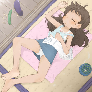 1girl ahoge arm_up armpits barefoot blue_shirt blue_skirt blush brown_hair closed_eyes clothes_lift cucumber eggplant feet gluteal_fold highres indoors legs legs_apart loli long_hair lying messy_hair on_back open_mouth original panties shirt skirt skirt_lift sleeping sleeveless sleeveless_shirt soles solo strap_slip tatami thighs toes towel underwear vest white_panties white_vest zangetsumaru