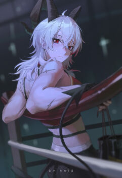 1girl absurdres ahoge bare_shoulders black_horns black_pants black_tail boxing_gloves boxing_ring closed_mouth commentary commentary_request curled_horns demon_tail earrings english_commentary from_side hair_between_eyes hand_wraps highres horns jewelry key_earrings looking_at_viewer looking_to_the_side mixed-language_commentary neid_art official_alternate_costume pants red_eyes scar solo tail wuthering_waves zani_(wuthering_waves)