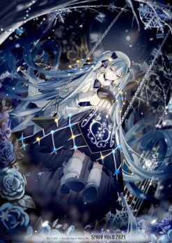 1girl absurdly_long_hair bass_clef beret blue_bow blue_eyes blue_flower blue_gloves blue_hair blue_rose blue_skirt blue_tabard blurry blurry_background boots bow bowtie capelet christmas_lights clock commentary dress flower full_body fur-trimmed_boots fur-trimmed_capelet fur_trim gloves glowing gold_trim hair_bow half-closed_eyes hat hatsune_miku highres holding holding_lantern lantern light_blue_hair liita_(dusk_snow) long_hair roman_numeral rose sitting skirt smile snowflake_print snowflakes solo swing tabard treble_clef tree twintails very_long_hair vocaloid white_capelet white_dress white_hat winter yuki_miku yuki_miku_(2021)