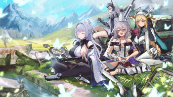 Rule 34 | 4girls, absurdres, black gloves, black pantyhose, blonde hair, blue eyes, breasts, cleavage, closed eyes, colored eyelashes, commentary request, dress, gimyogi, gloves, goddess of victory: nikke, grey hair, headgear, high ponytail, highres, indian style, long hair, meditation, mountainous horizon, multiple girls, nayuta (nikke), object on head, on grass, outdoors, pantyhose, ponytail, prosthesis, prosthetic arm, rapunzel (nikke), scarlet (nikke), sideboob, single bare foot, sitting, smile, snow white (nikke), toes, two-tone kimono, very long hair, white dress, white eyelashes, white hair, yellow eyes