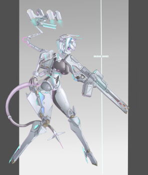 1girl absurdres assault_rifle black_sclera breasts colored_sclera colored_skin commentary_request covered_erect_nipples covered_navel cyborg drawing_gun full_body grey_background grey_skin gun handgun high_heels highres holding holding_gun holding_weapon holster joints kongtiao_cheng_tai_lang large_breasts latex mecha_musume original purple_eyes rifle robot_joints short_hair solo tail thigh_holster variant_set very_short_hair weapon white_hair