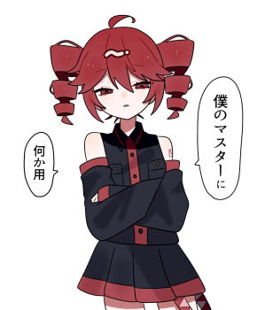 1girl ahoge bare_shoulders black_shirt black_skirt commentary_request crossed_arms detached_sleeves drill_hair highres kasane_teto long_sleeves looking_at_viewer miniskirt okayu_(okayuyuyu2) red_eyes red_hair shirt simple_background skirt sleeveless sleeveless_shirt solo speech_bubble twin_drills utau white_background