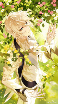 Rule 34 | 1boy, alkaid mcgrath, alkaid mcgrath (eden), ascot, blonde hair, chinese commentary, closed mouth, collared shirt, commentary request, contrast lapels, cowboy shot, cummerbund, day, earrings, flower, formal clothes, grass, green eyes, hair between eyes, hand up, highres, jacket, jewelry, lapels, long sleeves, looking up, lovebrush chronicles, male focus, medium hair, official art, open clothes, open jacket, outdoors, pants, pink flower, plant, psd (psdgai), shawl lapels, shirt, smile, solo, standing, stud earrings, suit, watermark, weibo watermark, white ascot, white flower, white jacket, white pants, white shirt, white suit, yellow flower