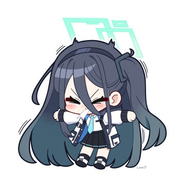 &gt;_&lt; 1girl absurdly_long_hair absurdres aqua_halo aqua_necktie aris_(blue_archive) artist_name black_hair black_hairband black_skirt black_socks blue_archive blue_jacket blush chibi chibi_only closed_eyes collared_shirt commentary double-parted_bangs full_body hair_between_eyes hairband halo highres jacket long_bangs long_hair long_hair_between_eyes long_sleeves luceee multicolored_jacket necktie one_side_up open_clothes open_jacket outstretched_arms pleated_skirt rectangular_halo shirt shoes sidelocks simple_background skirt sneezing socks solo symbol-only_commentary tie_clip two-sided_fabric two-sided_jacket v-shaped_eyebrows very_long_hair white_background white_jacket white_shirt white_shoes