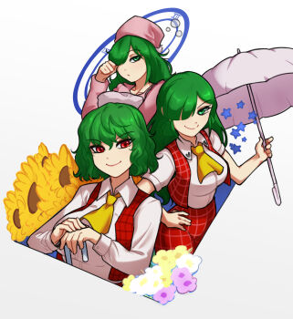 Rule 34 | 1girl, ascot, bob cut, clock, commentary, english commentary, flower, green eyes, green hair, hair over one eye, hand on own hip, hat, highres, holding, holding umbrella, kazami yuuka, kazami yuuka (pc-98), long hair, long sleeves, looking at viewer, lotus land story, multiple views, nightcap, pajamas, pants, parasol, phantasmagoria of flower view, pillow, plaid clothes, plaid pants, plaid vest, pout, red eyes, short sleeves, simple background, smile, spottylen, squeans, star (symbol), sunflower, touhou, touhou (pc-98), umbrella, vest, white background, yellow ascot