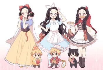 1boy 1girl ^_^ agatsuma_zenitsu alice_(alice_in_wonderland) alice_(alice_in_wonderland)_(cosplay) alice&#039;s_adventures_in_wonderland animal_ears apple black_hair blonde_hair blue_dress boots bow bowtie bread brown_eyes chibi clock closed_eyes cosplay disney dress dwarf flower food forehead formal_clothes fox_boy fox_ears fox_tail fruit hair_bow hair_flower hair_ornament hair_ribbon hairband highres jacket kamado_nezuko kimetsu_no_yaiba little_red_riding_hood_(fairy_tale) little_red_riding_hood_(fairy_tale_character) little_red_riding_hood_(fairy_tale_character)_(cosplay) long_hair long_sleeves mouth_hold multicolored_hair necktie open_mouth pants pantyhose parody pink_eyes pink_hair pink_ribbon pori_(kmt_pori) puffy_sleeves red_bow red_ribbon ribbon rose shoes short_hair short_sleeves smile snow_white_(disney) snow_white_(disney)_(cosplay) snow_white_and_the_seven_dwarfs_(disney) striped_clothes striped_legwear striped_pantyhose suit tail twitter_username very_long_hair vest