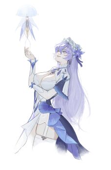 Rule 34 | 1girl, absurdres, arm under breasts, blue eyes, blue flower, breasts, cantarella (wuthering waves), commentary, cropped legs, deardd, dress, facial mark, flower, hair between eyes, hair flower, hair ornament, hand up, headdress, highres, large breasts, long hair, mark under eye, parted lips, purple hair, shrug (clothing), simple background, single thighhigh, smile, solo, thighhighs, thighs, white background, white dress, white shrug, white thighhighs, wuthering waves
