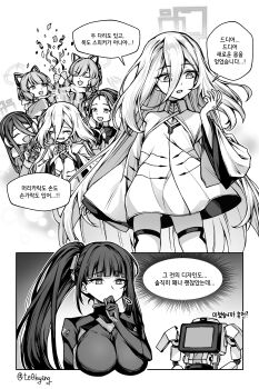 Rule 34 | 6+girls, absurdres, aris (blue archive), black hair, blue archive, bodysuit, breasts, closed eyes, commentary request, greyscale, hair between eyes, halo, highres, kei (blue archive), kei (new body) (blue archive), korean commentary, korean text, large breasts, long hair, long hair between eyes, midori (blue archive), momoi (blue archive), monochrome, multiple girls, official alternate costume, official alternate hairstyle, ponytail, rio (blue archive), rio (bodysuit) (blue archive), smile, speech bubble, translation request, visu 02, yuzu (blue archive)