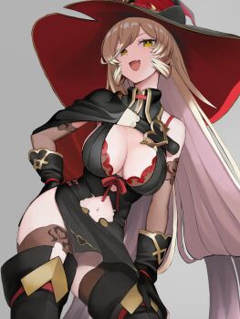 1girl :d black_dress black_gloves black_hat black_thighhighs breasts brown_hair cleavage clothing_cutout commentary_request dress gloves grey_background hat highres large_breasts long_hair looking_at_viewer navel navel_cutout nijisanji nui_sociere nui_sociere_(1st_costume) open_mouth qckvolley simple_background smile solo thighhighs very_long_hair virtual_youtuber witch_hat yellow_eyes