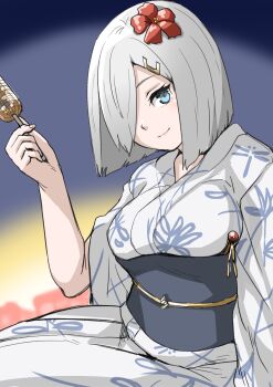 1girl 30-06 blue_eyes floral_print flower gradient_background grey_hair hair_flower hair_ornament hair_over_one_eye hairclip hamakaze_(kancolle) hamakaze_(yukata)_(kancolle) highres ikayaki japanese_clothes kantai_collection kimono looking_at_viewer obi sash short_hair sitting smile solo white_kimono yokozuwari yukata