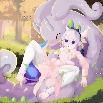 1boy 1girl after_vaginal aftersex animal_penis animal_sexualization anus arms_at_sides belly bestiality black_hairband blue_eyes breasts bukkake collarbone crossover cum cum_in_pussy cum_inflation cum_on_body cum_on_breasts cum_on_clothes cum_on_feet cum_on_hair cum_on_legs cum_on_stomach cum_on_upper_body cumdrip doyagao dragon dragon_girl dragon_horns dragon_tail excessive_cum expressionless eyebrows eyelashes facial forest full_body gen_6_pokemon girl_on_top goodra gradient_hair hairband happy hetero highres horns inflation kanna_kamui knees_up kobayashi-san_chi_no_maidragon large_penis large_variant_set loli long_hair looking_afar low_twintails lying multicolored_hair nature nintendo nipples no_pupils nude on_back open_mouth outdoors penis pink_hair pokemon pokemon_(creature) pokephilia psychostars purple_hair pussy size_difference slime_(substance) small_breasts smug spread_legs stirrup_legwear tail thighhighs toeless_legwear toes tree twintails two-tone_hair uncensored variant_set white_thighhighs