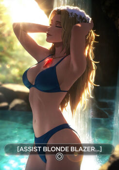 absurdres arms_up bikini blonde_blazer blue_bikini breasts closed_eyes cowboy_shot dispatch english_text gem gold_necklace highres jewelry lake large_breasts long_hair necklace outdoors pengu red_gemstone shampoo showering swimsuit washing_hair