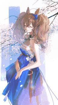 1girl absurdres ambience_synesthesia angelina_(ambience_synesthesia_2025)_(arknights) angelina_(arknights) animal_ears arknights bare_shoulders blue_dress blue_ribbon brown_hair cherry_blossoms chinese_commentary closed_eyes commentary_request cowboy_shot crossed_bangs dress flower fox_ears hair_between_eyes hair_ribbon haku_(muc12b) highres long_hair official_alternate_costume ribbon sleeveless sleeveless_dress solo twintails white_flower