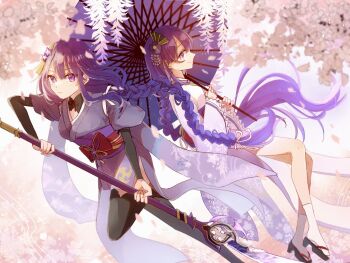 2girls alternate_costume any_shelby black_thighhighs blunt_bangs blurry braid bridal_gauntlets cherry_blossoms closed_mouth commentary depth_of_field engulfing_lightning_(genshin_impact) fan_hair_ornament flower full_body genshin_impact hair_ornament hair_ribbon holding holding_polearm holding_umbrella holding_weapon japanese_clothes kimono light_smile long_braid long_hair long_sleeves looking_to_the_side makoto_(genshin_impact) mitsudomoe_(shape) mole mole_under_eye multiple_girls oil-paper_umbrella petals pink_background polearm purple_eyes purple_hair purple_kimono raiden_shogun red_sash ribbon sash shade siblings single_braid sisters socks thighhighs tomoe_(symbol) twins umbrella weapon white_socks wide_sleeves wisteria