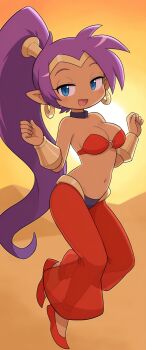 Rule 34 | 1girl, blue eyes, breasts, cleavage, commentary, dark-skinned female, dark skin, earrings, highres, hoop earrings, jewelry, long hair, looking at viewer, medium breasts, navel, open mouth, ponytail, purple hair, pyororingen, shantae, shantae (series), smile, solo