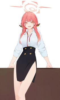 1girl absurdres aru_(blue_archive) bare_legs black_skirt blue_archive demon_horns dokshuri feet_out_of_frame halo high-waist_skirt highres horns long_hair looking_at_viewer neck_ribbon open_collar pelvic_curtain pink_hair ribbon shirt shirt_tucked_in skirt smile solo undone_neck_ribbon very_long_hair white_shirt