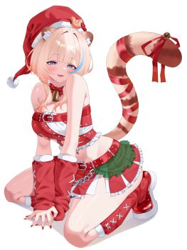 1girl absurdres altermoe3 animal_ear_fluff animal_ears bare_shoulders bell belt blonde_hair blue_eyes blue_streaks boots bow breasts christmas chromashift cleavage commentary commission detached_sleeves english_commentary full_body fur-trimmed_boots fur-trimmed_sleeves fur_trim hat highres jingle_bell knee_boots kneeling large_breasts looking_at_viewer midriff miniskirt multicolored_hair nail_polish navel parted_lips red_belt red_boots red_bow red_hat red_nails red_ribbon red_skirt red_sleeves red_tube_top ribbon santa_hat second-party_source shabel_tonya short_hair_with_long_locks simple_background skirt solo strapless streaked_hair tail tail_bell tail_ornament tail_ribbon tiger_ears tiger_girl tiger_tail tube_top virtual_youtuber white_background