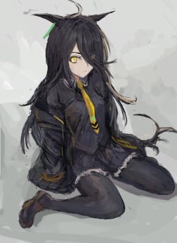 Rule 34 | 1girl, ahoge, animal ears, black coat, black hair, black pantyhose, black shirt, black skirt, breasts, closed mouth, coat, collared shirt, ear tag, earrings, hair between eyes, horse ears, horse girl, horse tail, jewelry, long bangs, long hair, long hair between eyes, long sleeves, manhattan cafe (creeping black) (umamusume), manhattan cafe (umamusume), multicolored hair, necktie, pantyhose, shirt, single earring, sitting, skirt, small breasts, solo, tail, umamusume, wariza, white hair, yanagi wakana, yellow eyes, yellow necktie