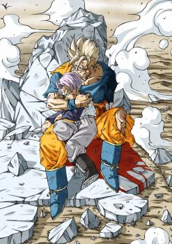 2boys amputee battle_damage blonde_hair blood blue_boots blue_shirt boots closed_eyes dougi dragon_ball dragonball_z highres kakeru_(dbskakeru) male_focus multiple_boys one_eye_closed orange_pants orange_shirt pants purple_hair scar scar_on_face shirt short_hair son_gohan son_gohan_(future) spiked_hair super_saiyan super_saiyan_1 torn_clothes torn_pants torn_shirt trunks_(dragon_ball) trunks_(future)_(dragon_ball)