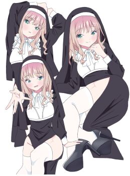 Rule 34 | 1girl, blush, breasts, brown hair, green eyes, gridman universe, habit, high heels, highres, long hair, looking at viewer, minami yume, nun, official alternate costume, open mouth, scar, scar on leg, sho (shoshos 8888), small breasts, smile, ssss.dynazenon, thighhighs, traditional nun, white background, white thighhighs