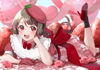 1girl :d absurdres basket black_socks blush braid braided_twintails brown_hair collared_dress commentary dress feet_out_of_frame fishnet_socks fishnets flower food food-themed_hat fruit gloves half_gloves high_heels highres looking_at_viewer love_live! love_live!_nijigasaki_high_school_idol_club low_twin_braids lying nakasu_kasumi nyako_(utaneko31) on_stomach open_mouth oversized_food oversized_object pink_dress pink_flower pink_gloves pink_rose puffy_short_sleeves puffy_sleeves red_eyes red_shoes rose shoes short_hair short_sleeves smile socks solo stiletto_heels strawberry strawberry_hat strawberry_slice symbol-only_commentary the_pose twin_braids