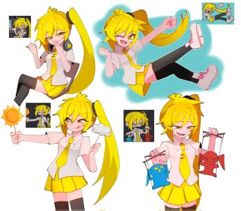 Rule 34 | 1girl, :p, akita neru, antenna hair, arm up, baumkuchen endroll (vocaloid), black thighhighs, blonde hair, chair, clenched hands, closed mouth, cloud, commentary, covering own mouth, crossed legs, derivative work, dress shirt, english commentary, fang, hair between eyes, hatsune miku, headphones, headphones around neck, highres, holding, holding puppet, kasane teto, laughing, long hair, looking at viewer, marionette, mismatched pupils, multiple girls, necktie, on chair, one eye closed, open mouth, pleated skirt, puppet, saw art06, screenshot inset, screenshot redraw, shirt, shoes, short sleeves, side ponytail, sitting, skirt, smile, sneakers, sun, thighhighs, tie clip, tongue, tongue out, utau, very long hair, vocaloid, white shirt, white shoes, yellow eyes, yellow necktie, yellow skirt, zettai ryouiki