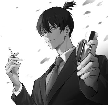 1boy absurdres chainsaw_man cigarette closed_mouth collared_shirt earrings expressionless fire greyscale hayakawa_aki highres holding holding_cigarette holding_lighter jacket jewelry lapels lighter long_sleeves looking_at_viewer male_focus monochrome necktie ningyu706 ponytail shirt short_hair short_ponytail smoking solo stud_earrings suit_jacket upper_body white_background wing_collar