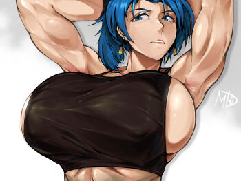 1girl blue_eyes blue_hair breasts bursting_breasts female_focus huge_breasts large_breasts leona_heidern long_hair madd_horner maddhorner military ponytail shirt the_king_of_fighters tight_clothes tight_shirt