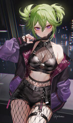 Rule 34 | 1girl, absurdres, alternate hairstyle, black nails, breasts, cityscape, closed mouth, commentary request, crop top, fishnet pantyhose, fishnets, genshin impact, green hair, hair between eyes, halterneck, hand in pocket, highres, jacket, kuki shinobu, looking at viewer, mask, mask pull, medium breasts, midriff, mouth mask, navel, night, night sky, o-ring, o-ring thigh strap, off shoulder, pantyhose, pottsness, purple eyes, purple jacket, sky, solo, thigh strap, twintails, twitter username, window