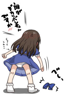 Rule 34 | 1girl, anger vein, blue bow, blue dress, bow, brown hair, comiching, commentary request, dress, from behind, highres, idolmaster, idolmaster cinderella girls, idolmaster cinderella girls u149, long hair, panties, slamming, socks, solo, standing, tachibana arisu, translation request, underwear, unworn bow, white panties, white socks