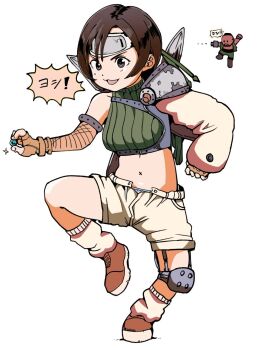 1boy 1girl :3 arm_cannon armor barret_wallace black_hair breasts brown_eyes brown_gloves brown_hair brown_shoes chibi chibi_inset commentary crop_top dark-skinned_male dark_skin detached_sleeves facial_hair final_fantasy final_fantasy_vii final_fantasy_vii_remake fingerless_gloves fishnet_sleeves fishnets forehead_protector futoshi_slim gloves goatee knee_pads loose_socks materia medium_breasts mega_man_(classic) mega_man_(series) parody pauldrons ribbed_shirt shirt shoes short_hair short_shorts shorts shoulder_armor single_knee_pad single_pauldron sleeveless sleeveless_turtleneck socks standing standing_on_one_leg translated turtleneck weapon yuffie_kisaragi