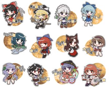 Rule 34 | 6+girls, :d, :o, ;d, animal ears, apron, arrow print, ascot, barefoot, black boots, black dress, black hair, black hat, black pantyhose, black shirt, black skirt, black vest, blonde hair, blue bow, blue dress, blue eyes, blue hair, blush, boots, bow, bowl, bowl hat, braid, brooch, broom, broom riding, brown eyes, brown hair, brown kimono, brown shoes, brown skirt, chibi, chibi only, cirno, cloak, closed mouth, collared shirt, commentary request, cone horns, detached sleeves, double dealing character, dress, drill hair, drill sidelocks, drum, drumsticks, everyone, fins, flower, frilled bow, frilled dress, frilled hair tubes, frilled kimono, frilled skirt, frills, full body, gohei, green bow, green kimono, grey hair, grin, hair flower, hair ornament, hair tubes, hairband, hakurei reimu, hand on own hip, hand to own mouth, hat, hat bow, head fins, highres, holding, holding drumsticks, holding gohei, holding knife, horikawa raiko, horns, ice, ice wings, imaizumi kagerou, index finger raised, instrument, izayoi sakuya, jacket, japanese clothes, jewelry, kijin seija, kimono, kirisame marisa, kneeless mermaid, knife, long hair, long sleeves, looking at viewer, maid headdress, mermaid, mirei (miirei), monster girl, multicolored dress, multicolored hair, multiple girls, musical note, musical staff, neck ribbon, necktie, obi, one eye closed, open clothes, open jacket, open mouth, orange hair, outline, outstretched arm, pantyhose, print dress, puffy short sleeves, puffy sleeves, purple eyes, purple hair, purple hairband, purple necktie, red bow, red cloak, red dress, red eyes, red hair, red ribbon, red shirt, red skirt, ribbon, ribbon-trimmed sleeves, ribbon trim, sandals, sash, sekibanki, shirt, shoes, short hair, short sleeves, sidelocks, single braid, skirt, skirt set, sleeveless, sleeveless shirt, smile, socks, standing, streaked hair, sukuna shinmyoumaru, tongue, tongue out, touhou, translated, tsukumo benben, tsukumo yatsuhashi, twin braids, two-tone dress, v-shaped eyebrows, vest, waist apron, wakasagihime, white apron, white bow, white dress, white hair, white horns, white jacket, white shirt, white skirt, white sleeves, white socks, wings, wolf ears, wolf girl, yellow ascot, yellow eyes