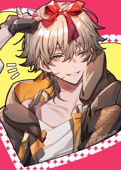 Rule 34 | 2boys, black jacket, brown hair, caelus (honkai: star rail), collarbone, commentary request, dan heng (honkai: star rail), double-parted bangs, hair ribbon, highres, honkai: star rail, honkai (series), jacket, male focus, multiple boys, one eye closed, orange eyes, orange jacket, out of frame, red background, red ribbon, ribbon, shirt, shisui53, smile, solo focus, trailblazer (honkai: star rail), twitter username, two-sided fabric, two-sided jacket, white shirt