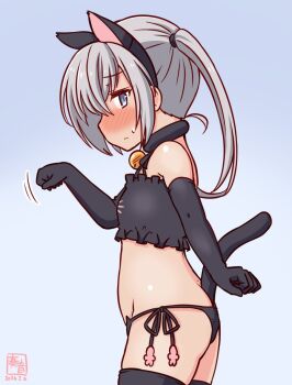 Rule 34 | 1girl, alternate costume, animal ears, artist logo, black bra, black panties, blue background, bra, cat cutout, cat ear panties, cat ears, cat lingerie, clothing cutout, commentary request, cowboy shot, dace (kancolle), dated, embarrassed, frilled bra, frills, grey eyes, grey hair, hat, kanon (kurogane knights), kantai collection, logo, looking at viewer, one-hour drawing challenge, panties, shirt, side-tie panties, side ponytail, solo, underwear, underwear only, white hat