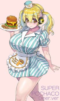 1girl apron blonde_hair breasts burger character_name cleavage clothes_writing curvy diner dress female_focus food french_fries frills headphones highres holding holding_food huge_breasts meat_day nitroplus orange_eyes plate plump puffy_sleeves short_sleeves smile solo standing striped_clothes striped_dress super_pochaco thick_thighs thighs tray tsuji_santa twintails waist_apron waitress