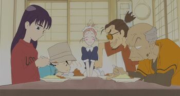 00s 2girls 3boys ^_^ angry animated animated_gif bald blush blush_stickers curry curry_rice dark_skin dark-skinned_male eating closed_eyes flcl food gainax happy haruhara_haruko indoors long_hair multiple_boys multiple_girls nandaba_kamon nandaba_naota nandaba_shigekuni ninamori_eri rice sad short_hair
