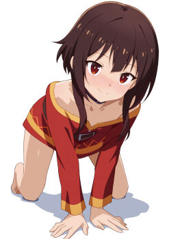 1girl all_fours bare_legs bare_shoulders barefoot belt black_choker blush breasts brown_belt brown_hair child choker closed_mouth collarbone dress full_body kono_subarashii_sekai_ni_shukufuku_wo! long_sleeves looking_at_viewer megumin off-shoulder_dress off_shoulder red_dress red_eyes ryo4423 shadow short_dress short_hair short_hair_with_long_locks sidelocks simple_background small_breasts smile solo thighs white_background