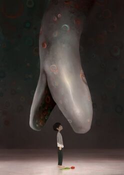 1boy arms_at_sides barefoot black_hair black_pants flower from_side illustrator_kota imminent_vore long_sleeves looking_up monster original pants red_flower shirt short_hair solo standing surreal tulip white_shirt wide_shot