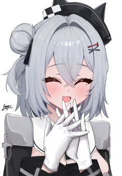 1girl argar_demo azur_lane black_dress black_hat black_ribbon blush closed_eyes commentary_request dress gloves hair_between_eyes hair_bun hair_ornament hair_ribbon hairclip hands_up happy hat highres interlocked_fingers jade_(azur_lane) looking_at_viewer mole mole_under_eye ribbon single_hair_bun smile solo upper_body white_gloves white_hair x_hair_ornament