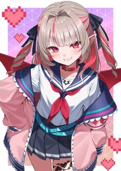 1girl ahoge bat_wings belt blonde_hair blush bow collar colored_inner_hair dyed_ahoge fang grey_hair hashtag-only_commentary heart highres jacket leg_tattoo long_sleeves looking_at_viewer makaino_ririmu makaino_ririmu_(4th_costume) multicolored_hair nametakeko nijisanji pink_hair pink_jacket pink_streaks pointy_ears red_collar red_eyes red_wings ribbon sailor_collar school_uniform shirt simple_background skirt smile solo streaked_hair tattoo twintails two-tone_hair vampire virtual_youtuber winged_heart winged_heart_tattoo wings