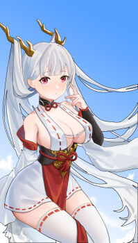 1girl azur_lane bare_shoulders black_sash blue_sky breasts cleavage commentary detached_sleeves dragon_girl dragon_horns dragon_tail franciszabie hair_on_horn highres horns large_breasts long_hair looking_at_viewer pelvic_curtain pink_eyes red_eyes ribbon-trimmed_clothes ribbon-trimmed_thighhighs ribbon_trim sash shimanto_(azur_lane) sideboob sky solo symbol-only_commentary tail thighhighs very_long_hair white_hair zettai_ryouiki
