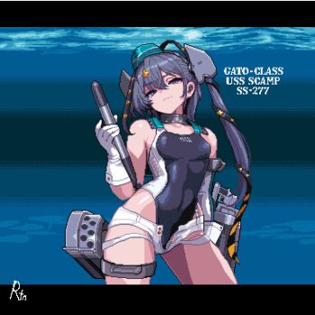 Rule 34 | 1girl, breasts, character name, commentary request, commission, covered navel, cowboy shot, e79, garrison cap, hair ornament, hat, headgear, holding, holding torpedo, kantai collection, letterboxed, looking at viewer, one-piece swimsuit, open fly, pixel art, purple eyes, purple hair, rigging, scamp (kancolle), short shorts, shorts, side ponytail, small breasts, smirk, solo, swimsuit, thigh strap, torpedo, underwater