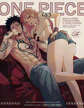 1boy 1girl abs ass bangle bare_legs bare_shoulders bikini bikini_top_only black_hair blue_pants blue_shorts blush bracelet breasts chest_tattoo commentary_request copyright_name couch earrings elbow_rest facial_hair feet_out_of_frame foot_up hand_on_another's_ass hand_on_own_hip hand_tattoo hanging_breasts head_rest jewelry large_breasts leaning_forward legs log_pose long_hair looking_at_viewer nami_(one_piece) official_alternate_costume on_couch one_piece orange_hair pants pearl_earrings pectorals short_hair short_shorts shorts shoulder_tattoo sitting standing standing_on_one_leg string_bikini swimsuit tattoo thighs tongue tongue_out topless_male trafalgar_law twitter_username wavy_hair yum_xoxo_yum