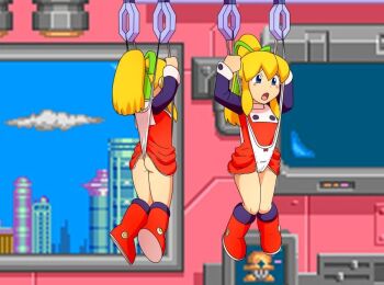 ass blonde_hair blue_eyes boots capcom city loli mega_man_(classic) met_(mega_man) misaeldm open_mouth panties panty_lift ponytail ribbon roll_(mega_man) underwear wedgie window