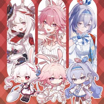 3girls animal_ear_hairband animal_ears bell_sleeves black_choker black_hat blue_bow blue_bowtie blue_hairband bow bowtie braid breasts brooch buttons center_frills chibi chinese_commentary choker cleavage clothing_cutout collar commentary_request crossed_arms detached_collar detached_sleeves diamond_(shape) diamond_facial_mark double-breasted dress evanescia_(honkai:_star_rail) eye_mask facial_mark fake_animal_ears fingernails fox_ears fox_girl frilled_choker frilled_dress frilled_hat frilled_sleeves frills grey_eyes grey_hair hair_between_eyes hair_bow hair_intakes hairband hat hat_bow heart heart_facial_mark high_ponytail highres holding holding_mask holding_spoon honkai:_star_rail honkai_(series) jewelry long_hair long_sleeves mark_under_both_eyes mask miaotai_miota mini_hat multicolored_hair multiple_girls nail_polish one_eye_closed open_mouth pink_bow pink_eyes pink_hair pink_nails plaid_background plaid_hairband pocket_watch ponytail puffy_sleeves purple_eyes rabbit_ear_hairband rabbit_ears red_pupils red_streaks short_hair_with_long_locks shoulder_cutout silver_wolf_(honkai:_star_rail) sleeve_bow smile sparkle_(honkai:_star_rail) sparxie_(honkai:_star_rail) spoon streaked_hair teeth twintails upper_body upper_teeth_only very_long_hair watch white_collar white_dress white_hair white_sleeves wide_sleeves