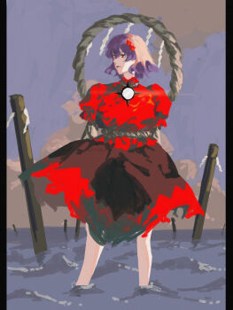 1girl dress flower frilled_sleeves frills hair_flower hair_ornament highres mirror ocean oftooon puffy_short_sleeves puffy_sleeves purple_hair red_dress red_eyes rope shide shimenawa short_hair short_sleeves solo standing touhou wading yasaka_kanako